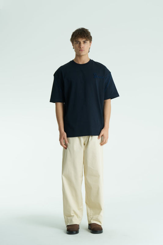 Dokulu Detaylı Lacivert Unisex %100 Pamuk Oversize T-shirt