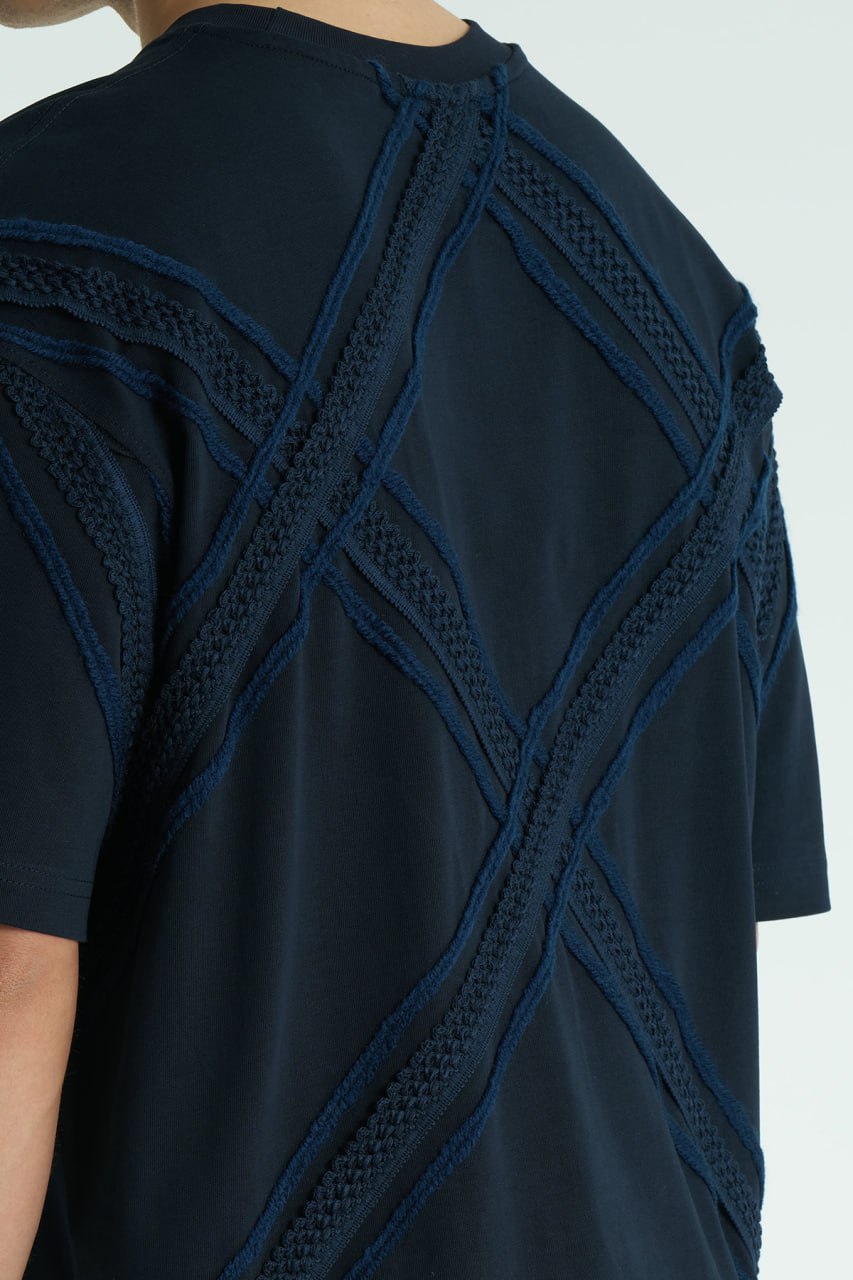 Dokulu Detaylı Lacivert Unisex %100 Pamuk Oversize T-shirt