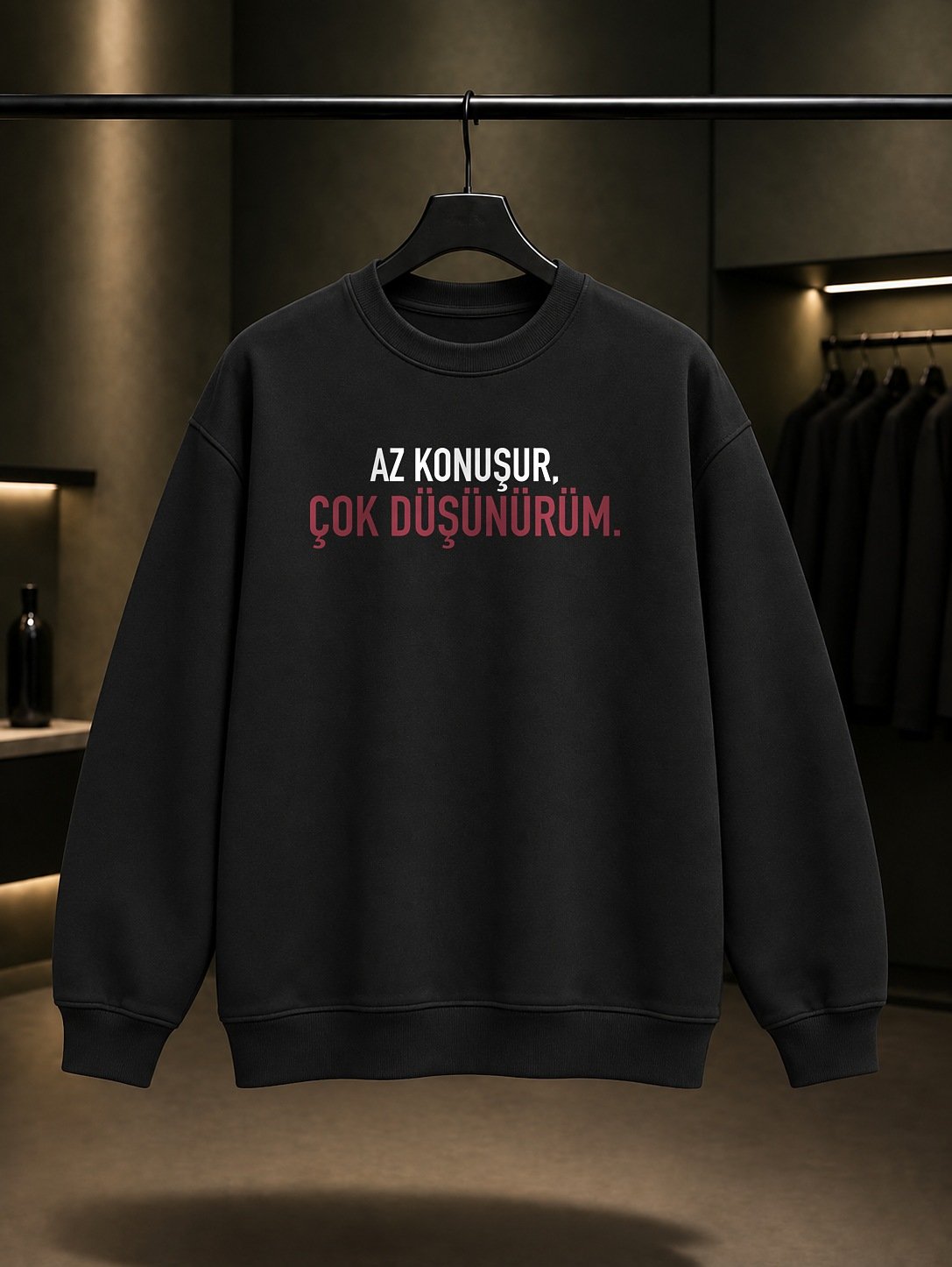 Az Konuşur, Çok Düşünürüm Yazılı Baskılı Unisex %100 Pamuk Sweatshirt — Siyah