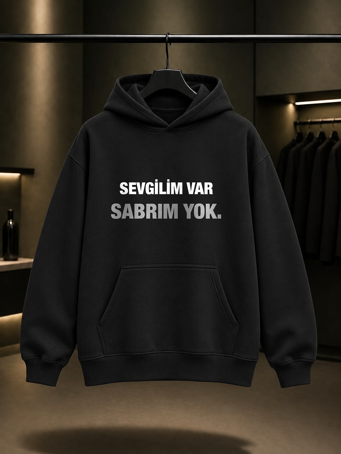 Sevgilim Var Sabrım Yok Baskılı Unisex %100 Pamuk Kapüşonlu Sweatshirt — Siyah