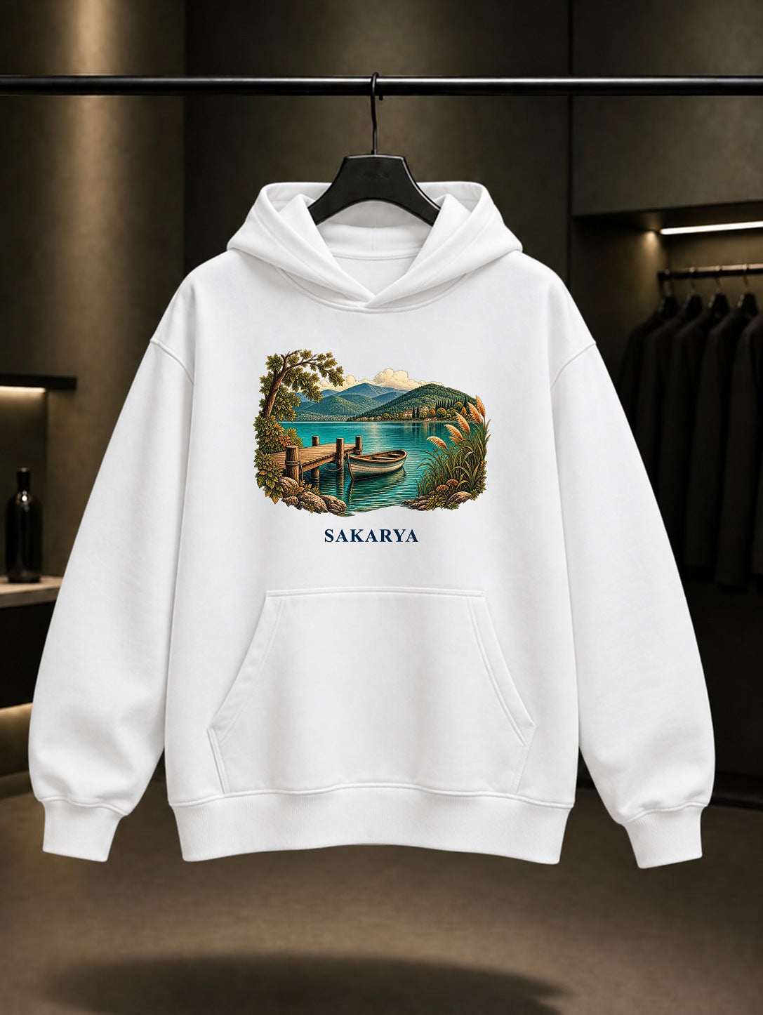 Sakarya Sapanca Gölü baskılı beyaz kapüşonlu sweatshirt