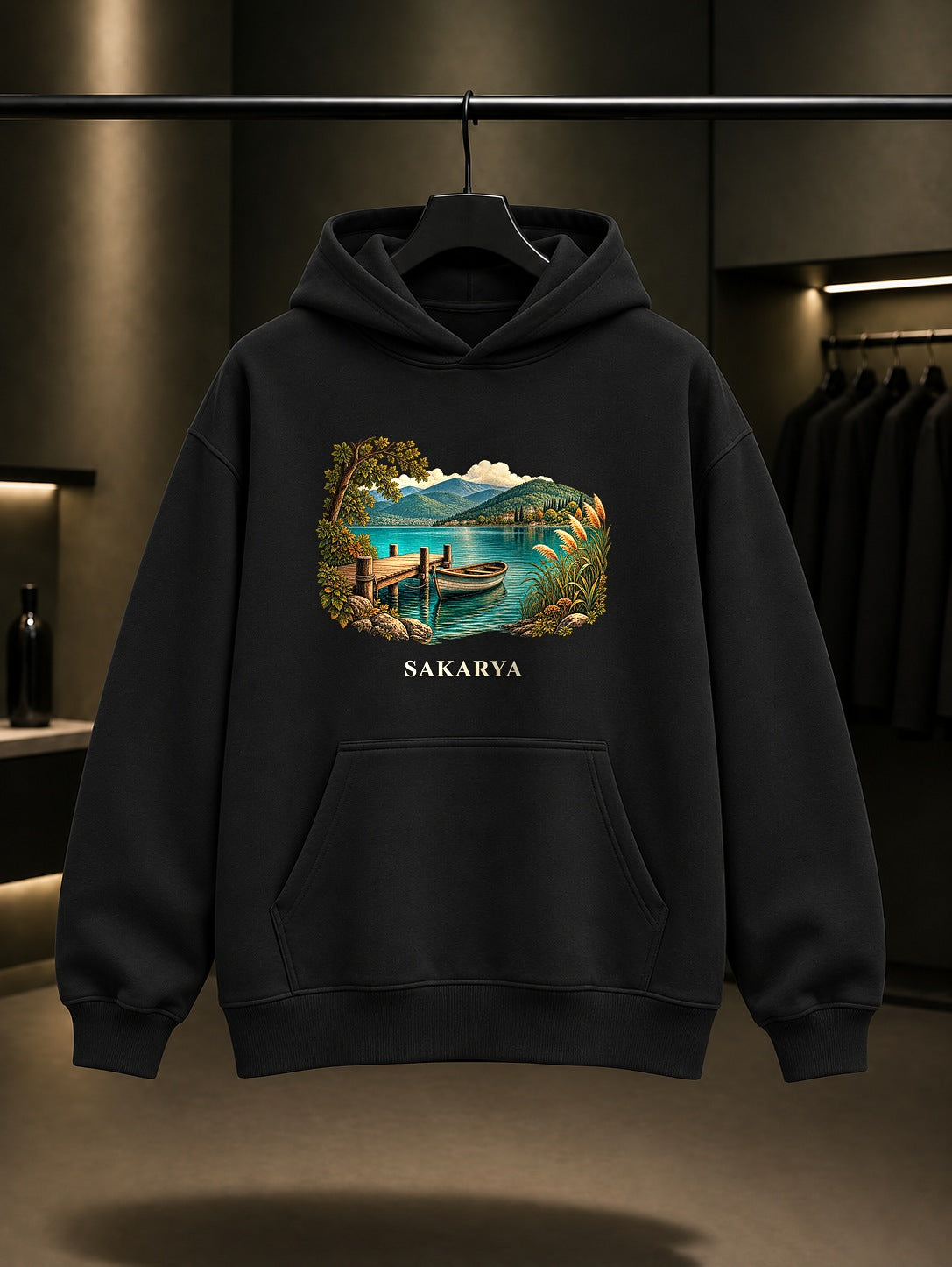 Sakarya Sapanca Gölü baskılı siyah kapüşonlu sweatshirt