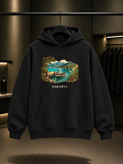 Sakarya Sapanca Gölü baskılı siyah kapüşonlu sweatshirt