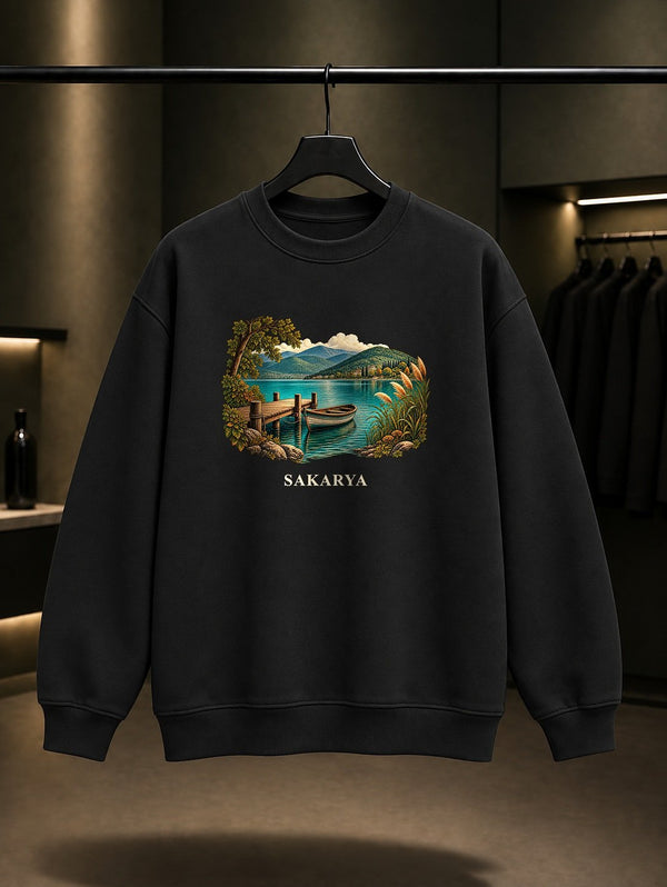 Sakarya Sapanca Gölü baskılı siyah sweatshirt