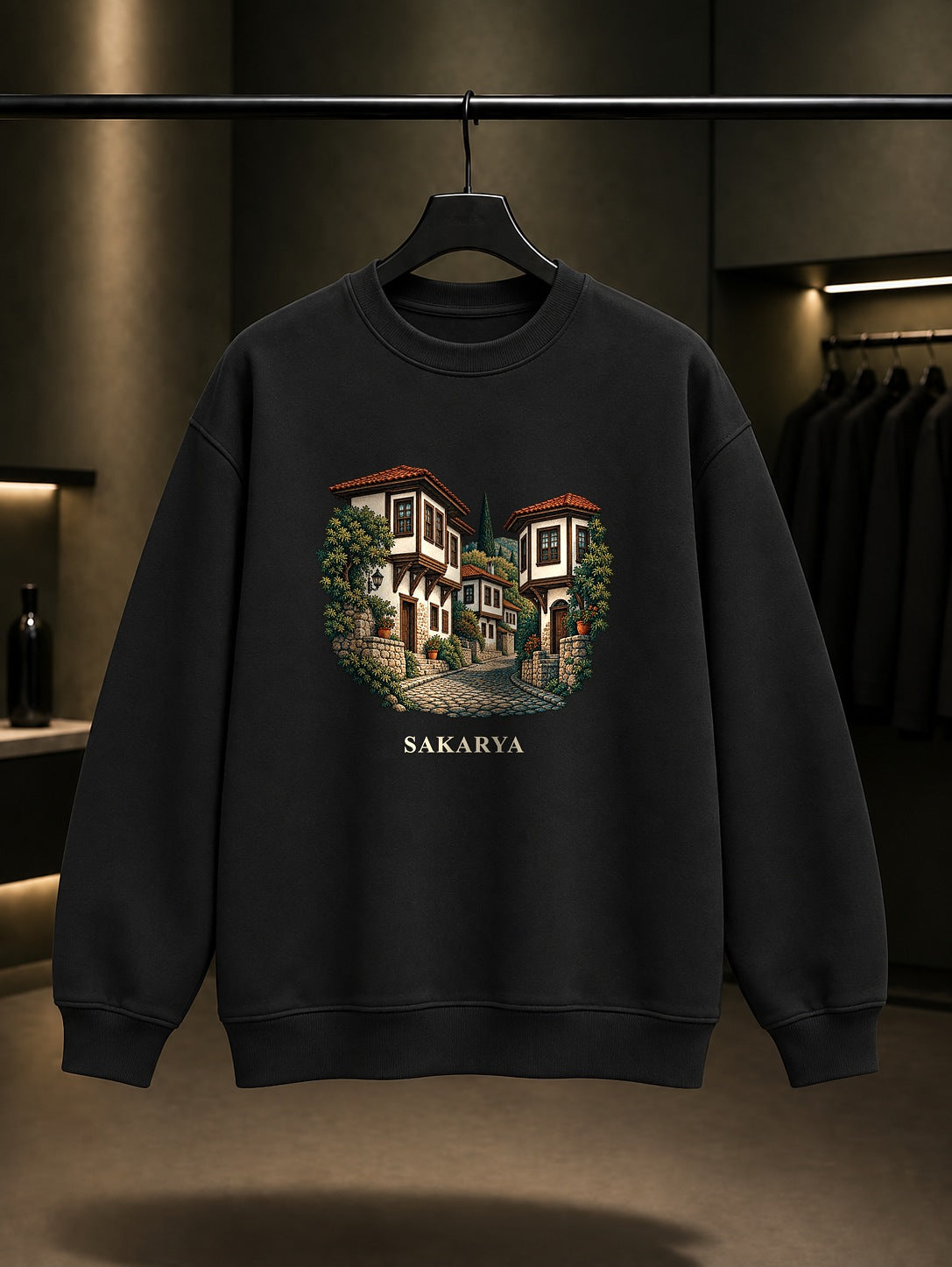 Sakarya Taraklı Evleri baskılı siyah sweatshirt