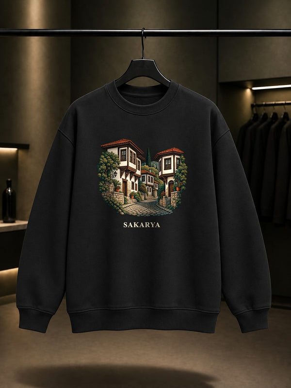 Sakarya Taraklı Evleri baskılı siyah sweatshirt