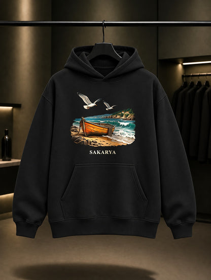 Sakarya Karasu Sahili baskılı siyah kapüşonlu sweatshirt