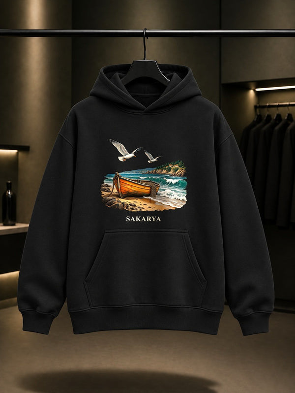 Sakarya Karasu Sahili baskılı siyah kapüşonlu sweatshirt