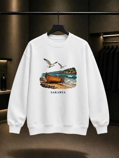 Sakarya Karasu Sahili baskılı beyaz sweatshirt
