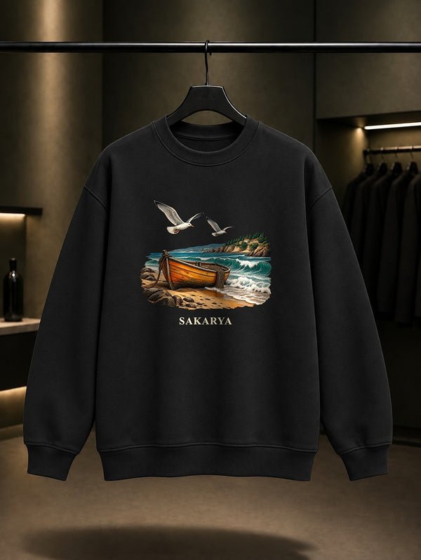 Sakarya Karasu Sahili baskılı siyah sweatshirt