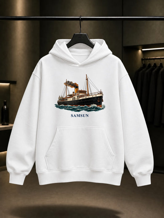 Samsun Bandırma Vapuru baskılı beyaz kapüşonlu sweatshirt