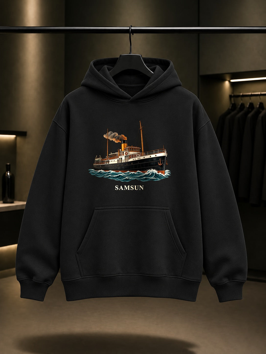 Samsun Bandırma Vapuru baskılı siyah kapüşonlu sweatshirt