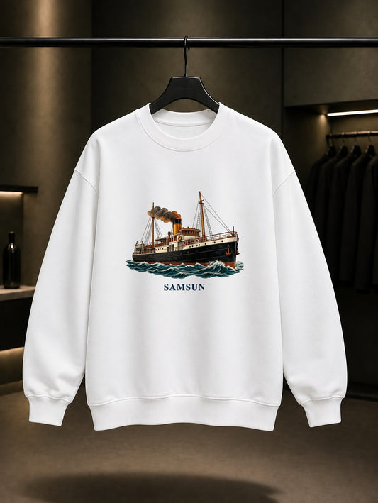 Samsun Bandırma Vapuru baskılı beyaz sweatshirt