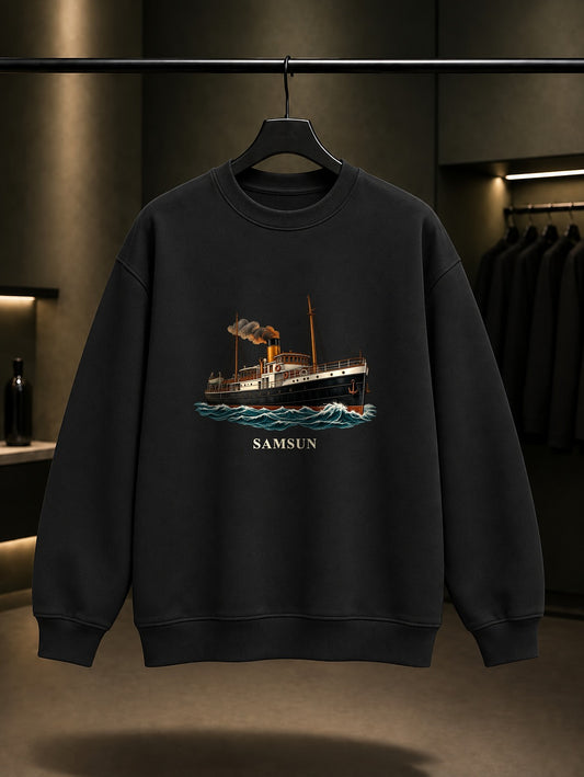 Samsun Bandırma Vapuru baskılı siyah sweatshirt