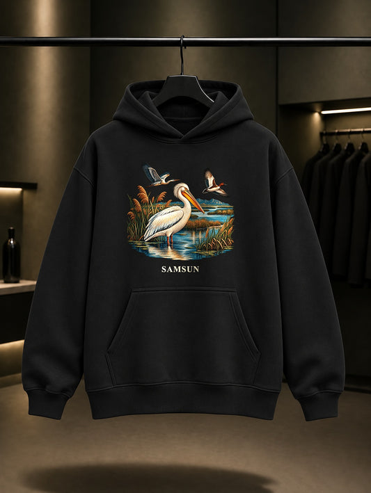 Samsun Kızılırmak Deltası baskılı siyah kapüşonlu sweatshirt