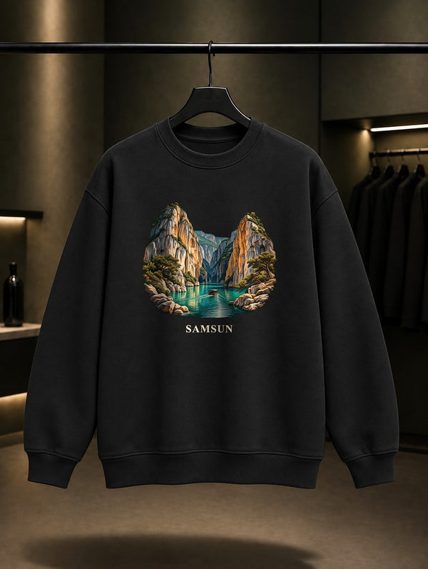 Samsun Şahinkaya Kanyonu baskılı siyah sweatshirt