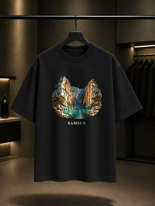 Samsun Şahinkaya Kanyonu baskılı siyah t-shirt