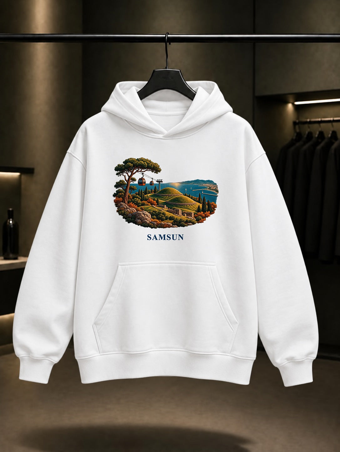 Samsun Amisos Tepesi baskılı beyaz kapüşonlu sweatshirt