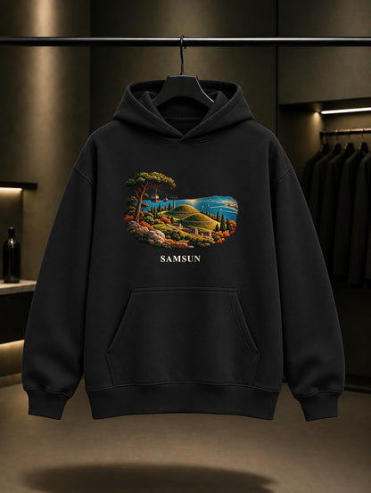 Samsun Amisos Tepesi baskılı siyah kapüşonlu sweatshirt