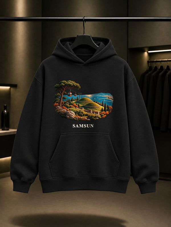 Samsun Amisos Tepesi baskılı siyah kapüşonlu sweatshirt