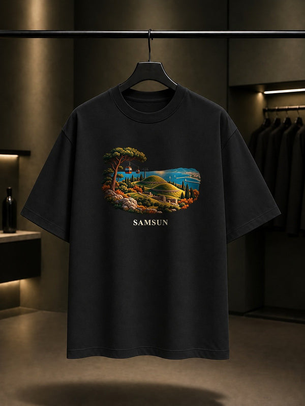 Samsun Amisos Tepesi baskılı siyah t-shirt