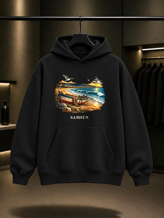 Samsun Atakum Sahili baskılı siyah kapüşonlu sweatshirt