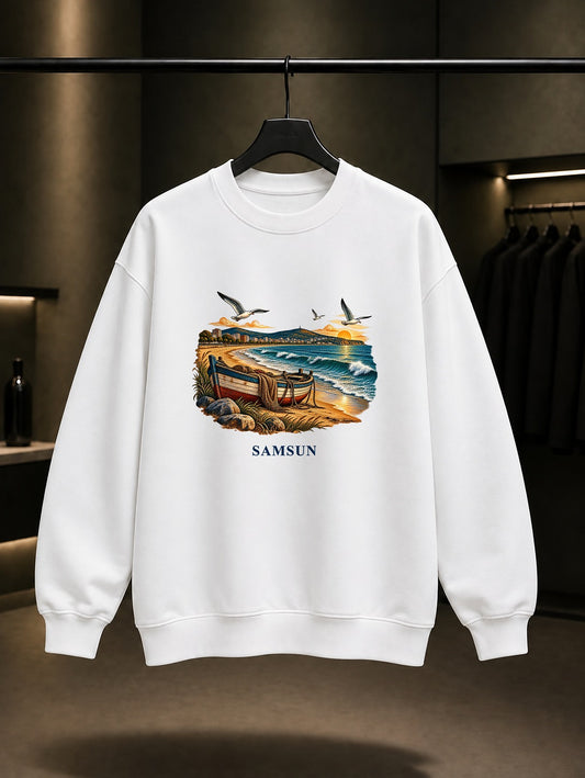 Samsun Atakum Sahili baskılı beyaz sweatshirt