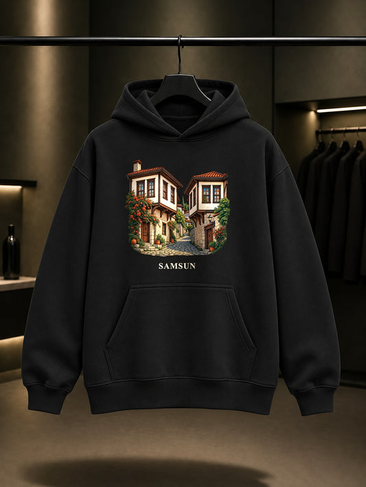 Samsun Vezirköprü Evleri baskılı siyah kapüşonlu sweatshirt