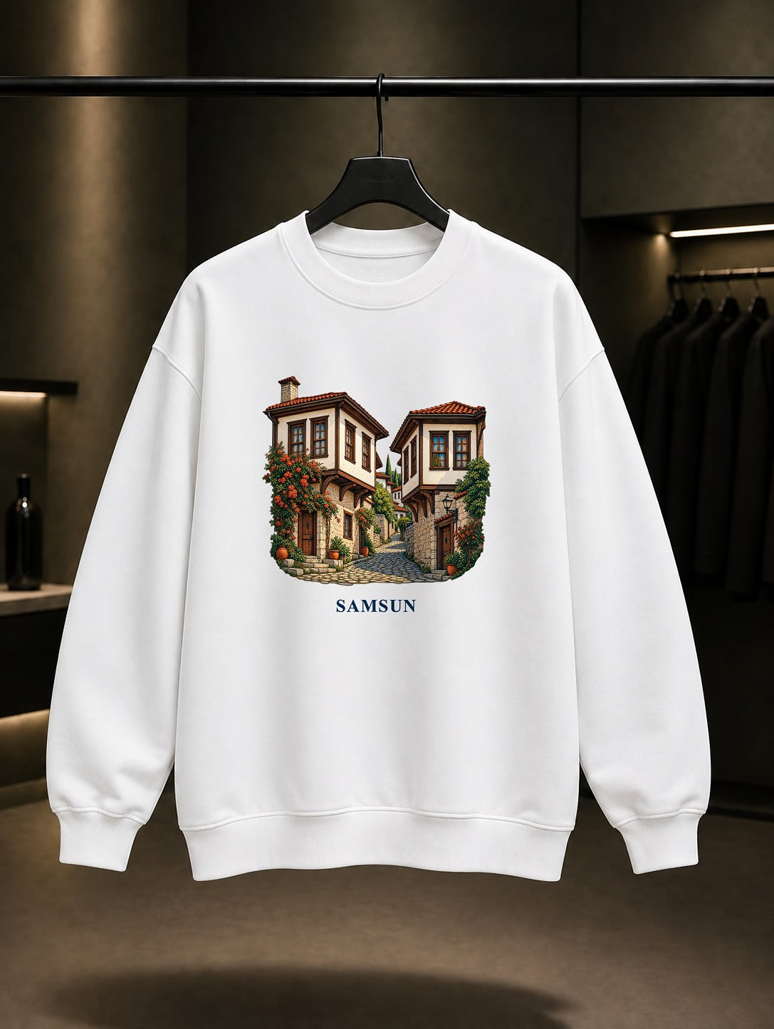 Samsun Vezirköprü Evleri baskılı beyaz sweatshirt