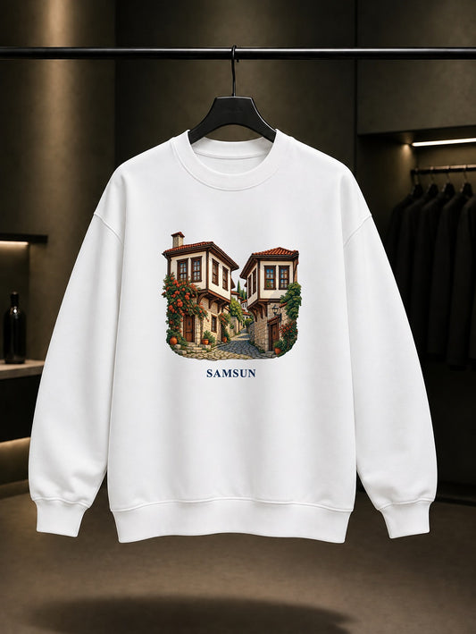 Samsun Vezirköprü Evleri baskılı beyaz sweatshirt