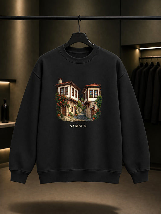 Samsun Vezirköprü Evleri baskılı siyah sweatshirt
