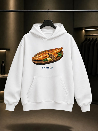 Samsun Bafra Pidesi baskılı beyaz kapüşonlu sweatshirt