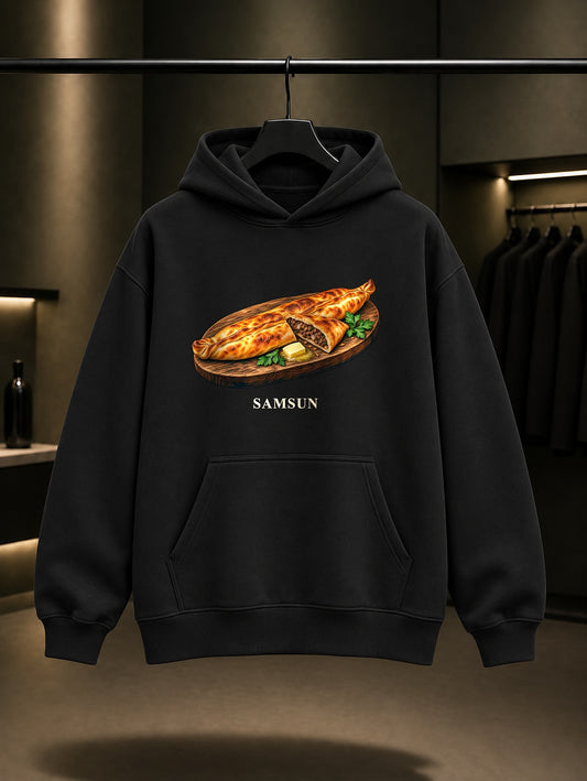 Samsun Bafra Pidesi baskılı siyah kapüşonlu sweatshirt