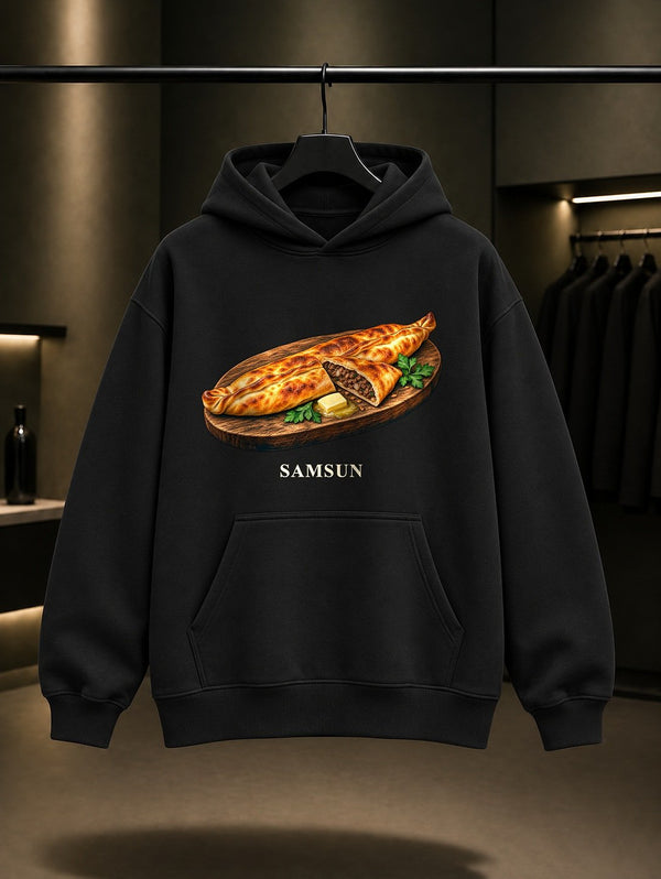 Samsun Bafra Pidesi baskılı siyah kapüşonlu sweatshirt