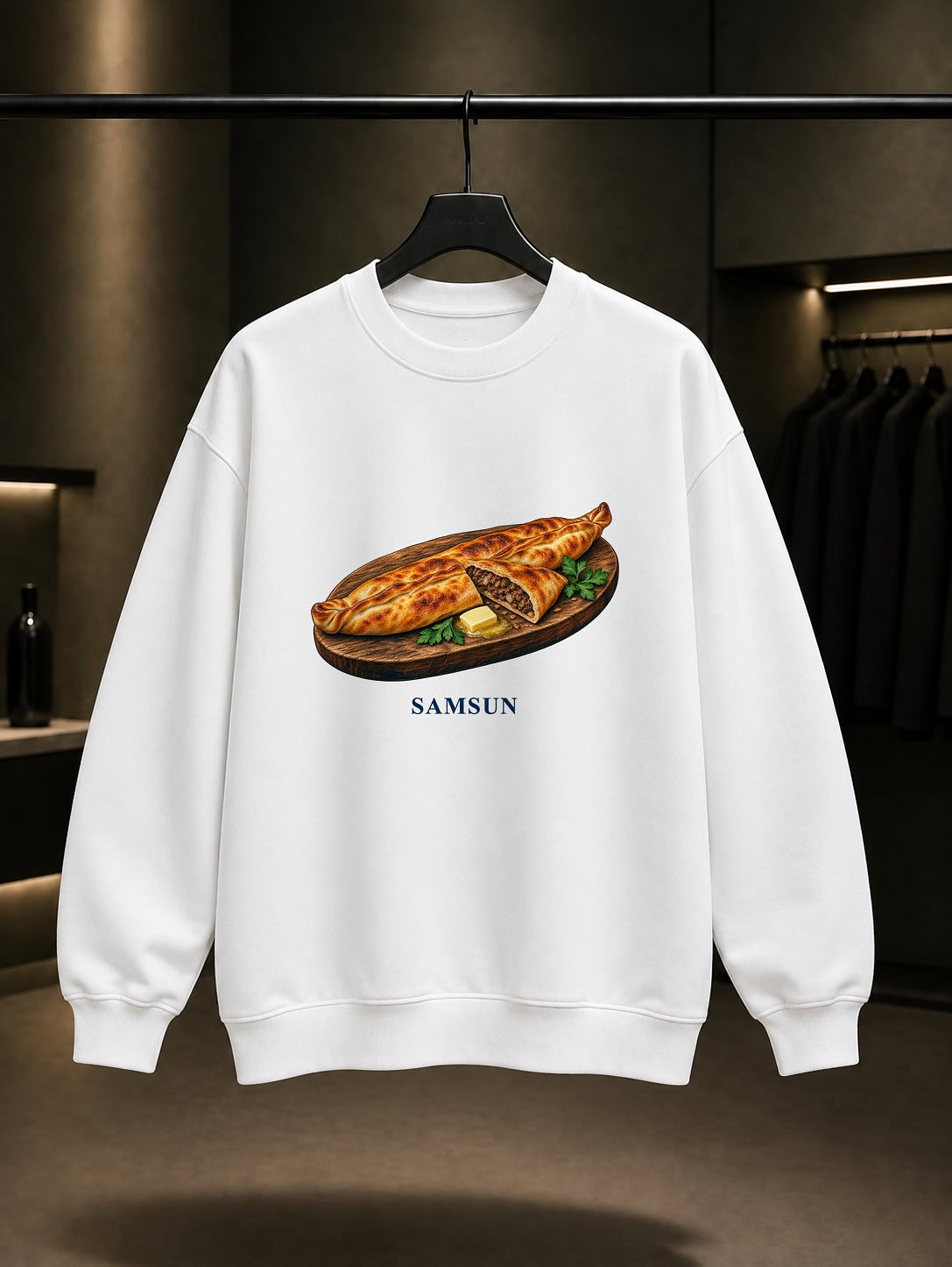 Samsun Bafra Pidesi baskılı beyaz sweatshirt