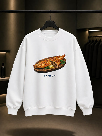 Samsun Bafra Pidesi baskılı beyaz sweatshirt
