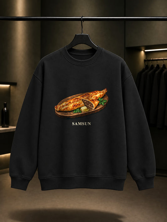 Samsun Bafra Pidesi baskılı siyah sweatshirt