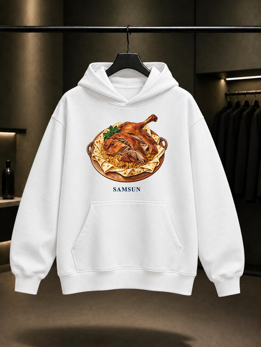 Samsun Kaz Tiridi baskılı beyaz kapüşonlu sweatshirt
