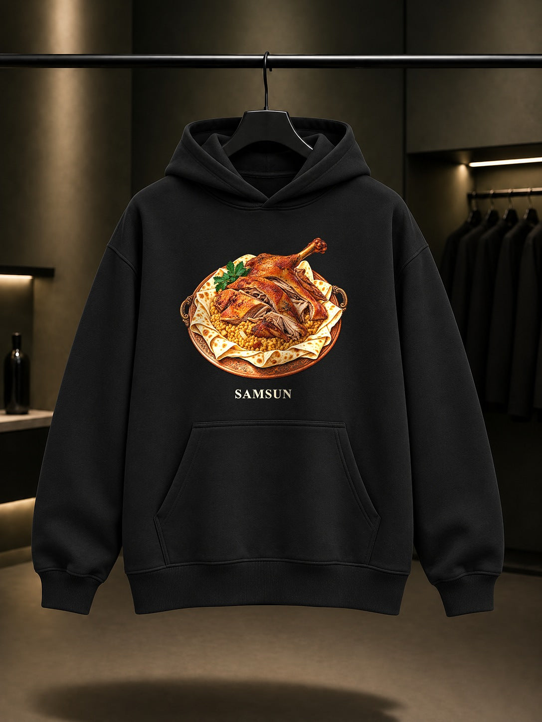 Samsun Kaz Tiridi baskılı siyah kapüşonlu sweatshirt