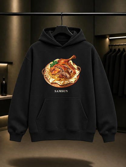 Samsun Kaz Tiridi baskılı siyah kapüşonlu sweatshirt