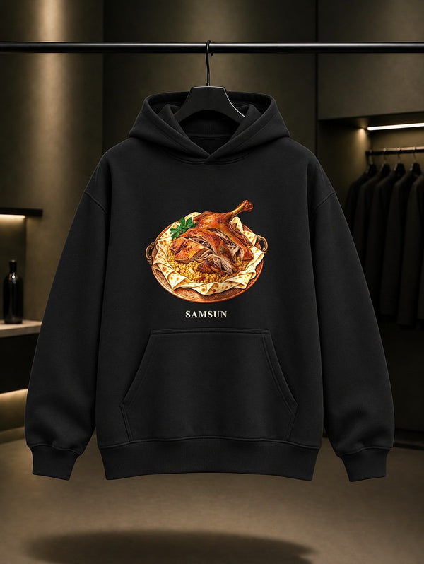 Samsun Kaz Tiridi baskılı siyah kapüşonlu sweatshirt