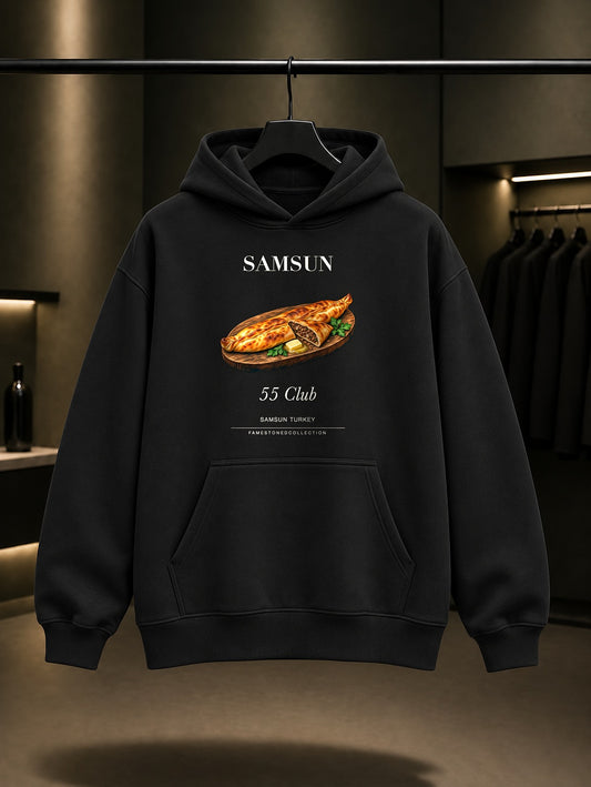 Samsun Bafra Pidesi 55 Club baskılı siyah kapüşonlu sweatshirt