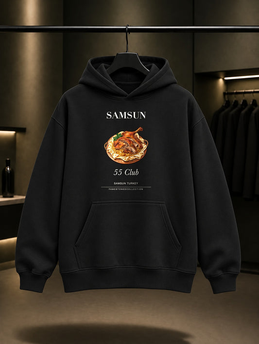 Samsun Kaz Tiridi 55 Club baskılı siyah kapüşonlu sweatshirt