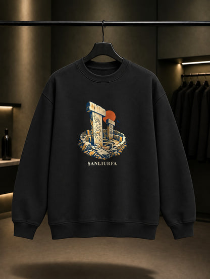Şanlıurfa Göbeklitepe baskılı siyah sweatshirt