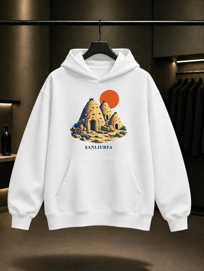 Şanlıurfa Harran Evleri baskılı beyaz kapüşonlu sweatshirt
