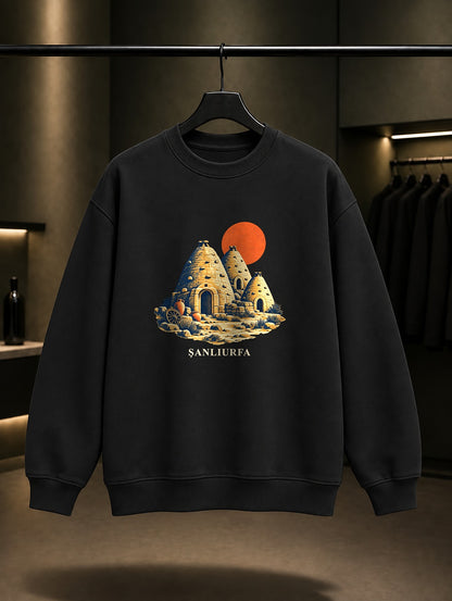 Şanlıurfa Harran Evleri baskılı siyah sweatshirt