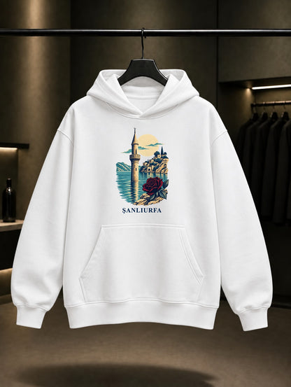 Şanlıurfa Halfeti baskılı beyaz kapüşonlu sweatshirt