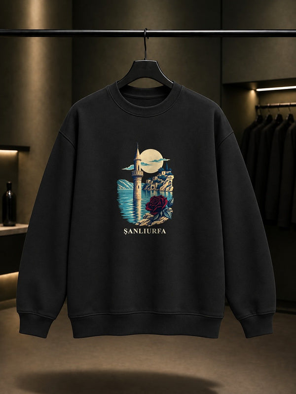 Şanlıurfa Halfeti baskılı siyah sweatshirt