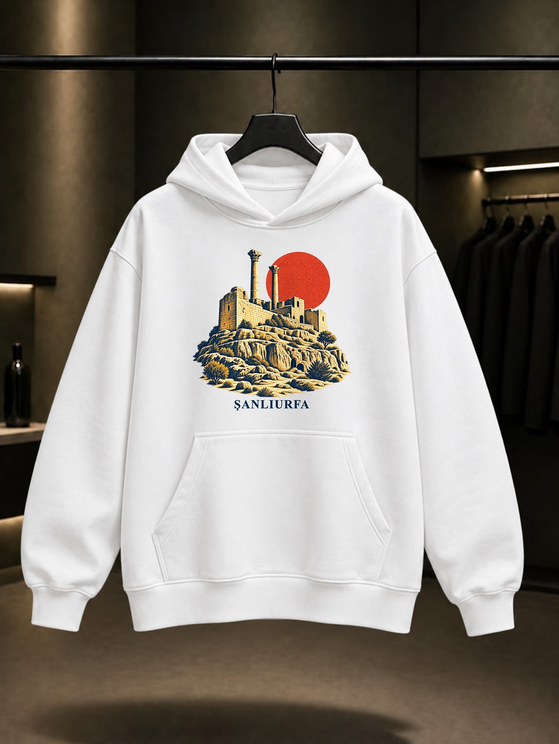 Şanlıurfa Kalesi baskılı beyaz kapüşonlu sweatshirt