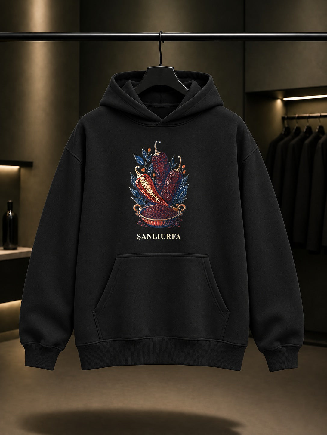 Şanlıurfa İsot Biberi baskılı siyah kapüşonlu sweatshirt